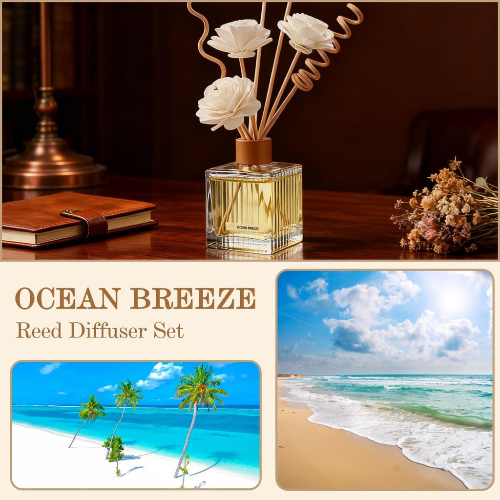 Ocean Breeze Reed Diffuser - 6.7 oz Glass Bottle with 4 Rattan Sticks & 3 Dried Flowers | Long-Lasting Aromatherapy for Home & Office