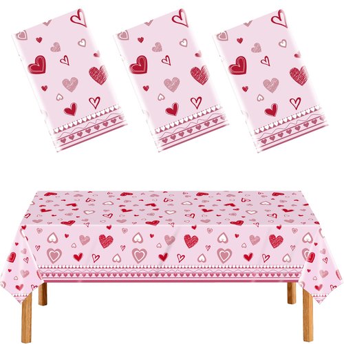 DUYIY Valentine's Day Table Cover 3 Pcs Pink Heart Print Tablecloth for Home Kitchen Dining Party Decor, Holiday Celebration, 54" x 108"