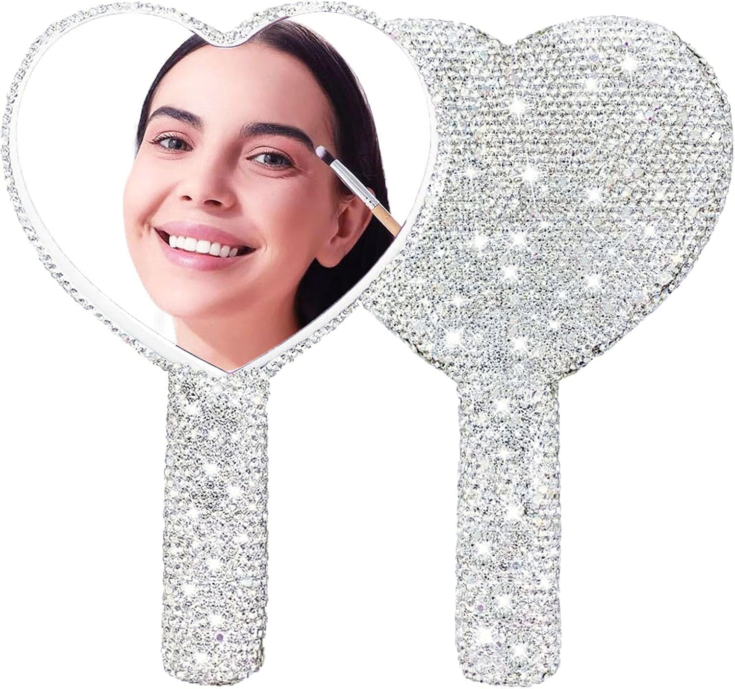 Skiennix Large Rhinestone Handheld Mirror - Dazzling Glitter Design for Weddings | Silver & White