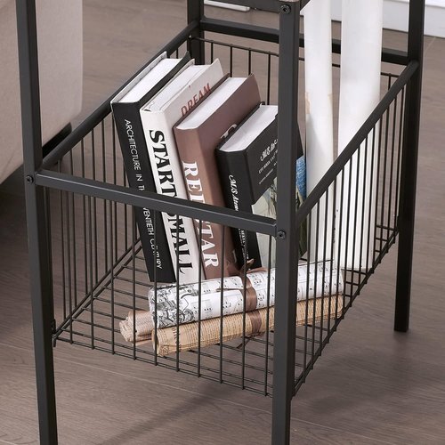 VECELO Tall Night Stand with Metal Basket,End Table with Shelf Storage Organizer, Wood Nightstand for Bedroom, Living Room,Bathroom