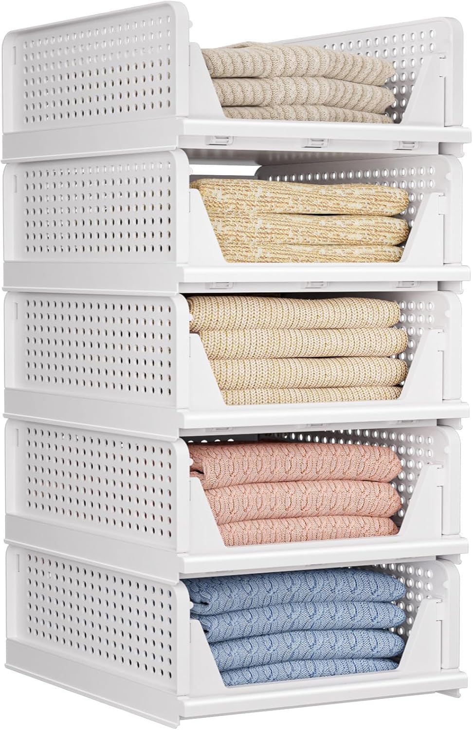 Skiennix 5-Pack Folding Closet Organizers - Stackable Plastic Storage Bins for Home & Office - White 5L