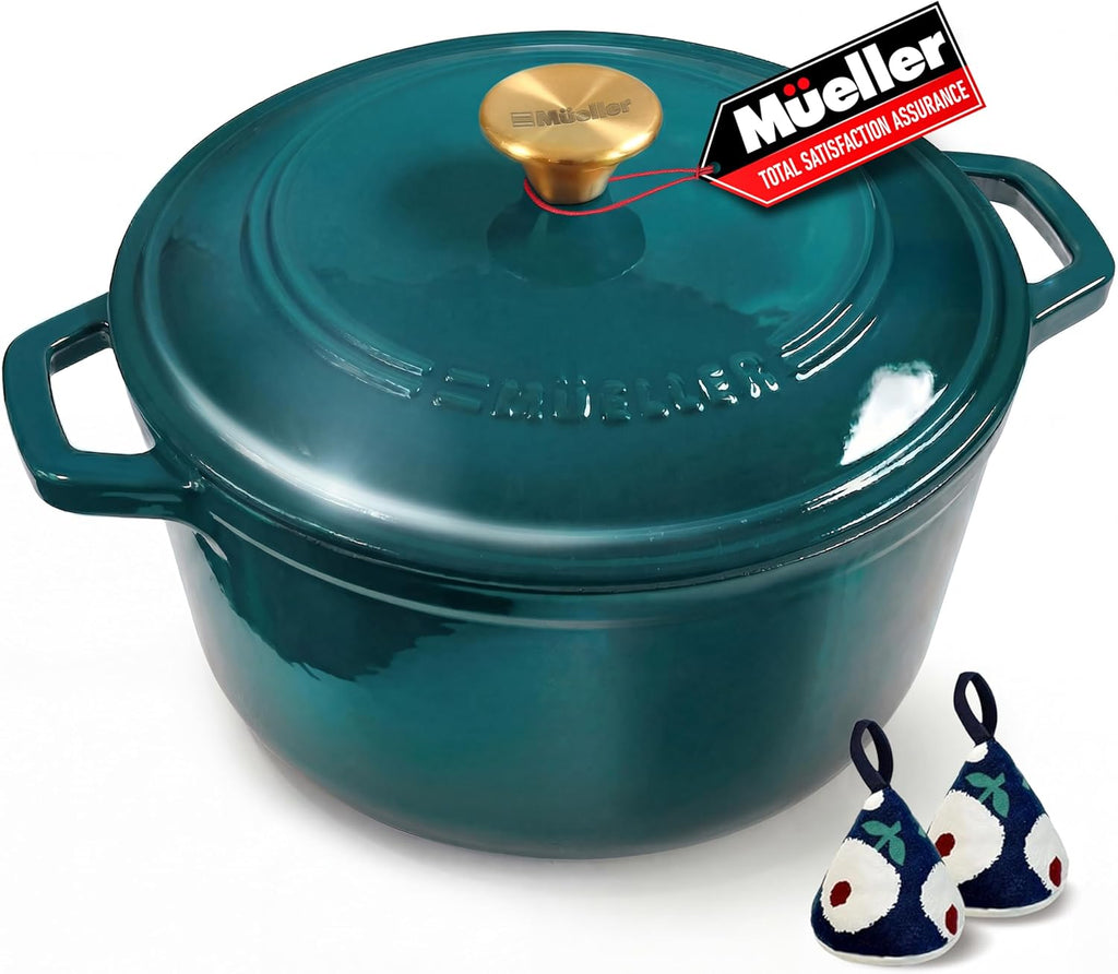 Mueller DuraCast Enameled Cast Iron Dutch Oven - 6 Quart, PFOA-Free, Oven Safe to 500°F | Ideal for Sourdough Baking, Emerald