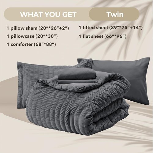 HYMOKEGE Twin Comforter Set - Luxury 5-Piece All-Season Bedding Set in Dark Grey | Includes Comforter, Sheets, Pillowcase & Sham