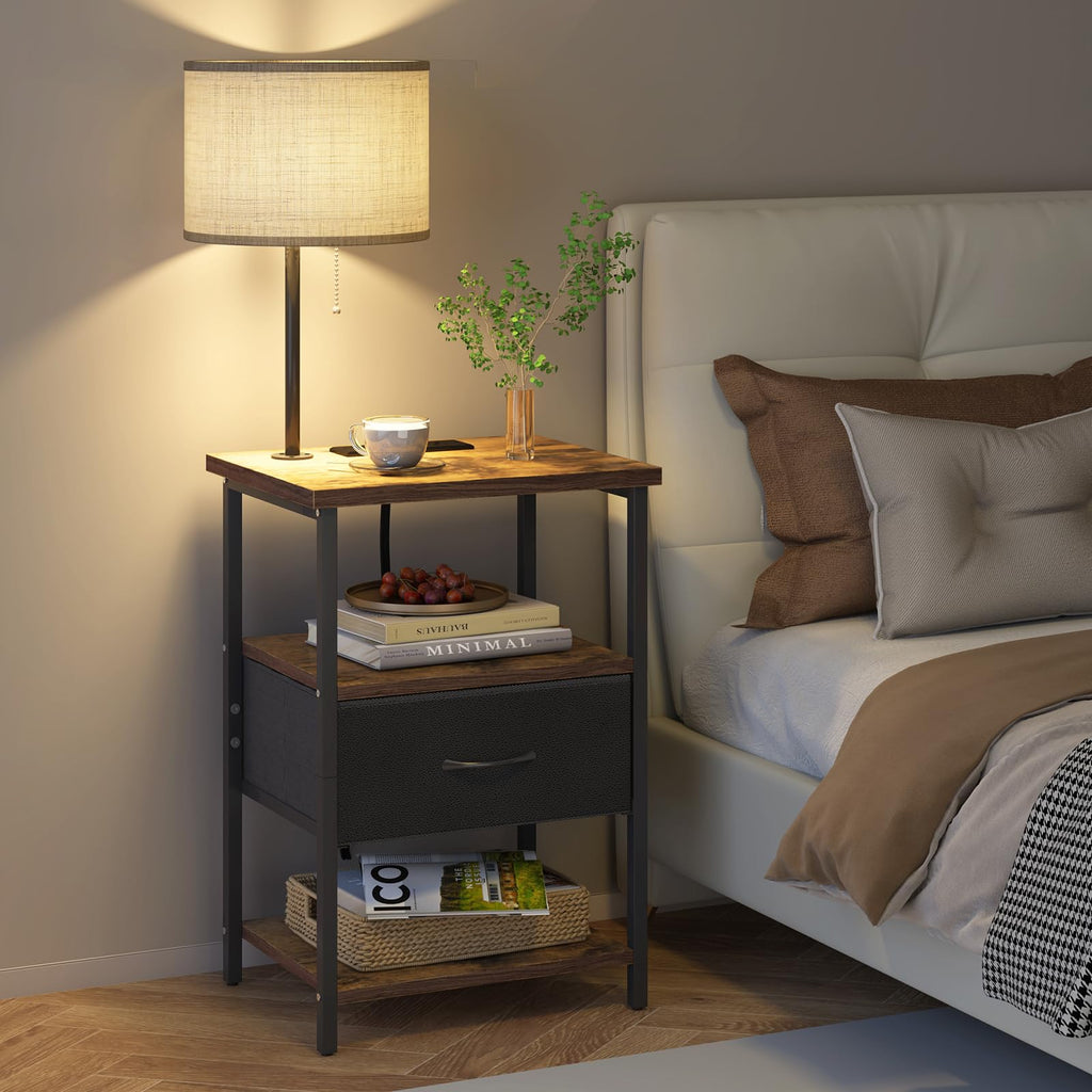 Fixwal Nightstand with Lights Bedside Table with 3 Color Temperatures Bulb, Night Stand with Charging Station End Table with Adjustable Fabric Drawer for Bedroom Dorm