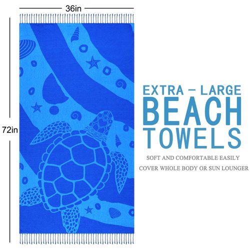 Genovega Oversized Turkish Beach Towel 72"x36" for Adult, Lightweight Quick Dry Bath Pool Swim Blanket, Sand Free with Compact Travel Essentials, Blue Turtle Vacation Cruise Must Haves Clearance