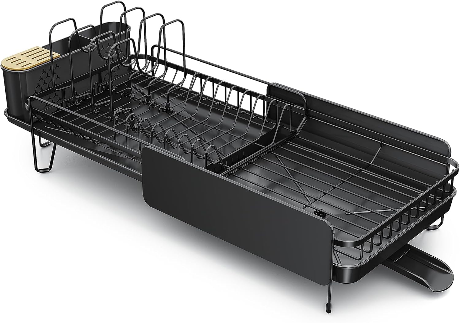 SNTD Large Dish Drying Rack - Expandable Stainless Steel Kitchen Dish Drainer | 19.3" to 29.4" with Utensil Holder & Pan Lid Holder (Black)