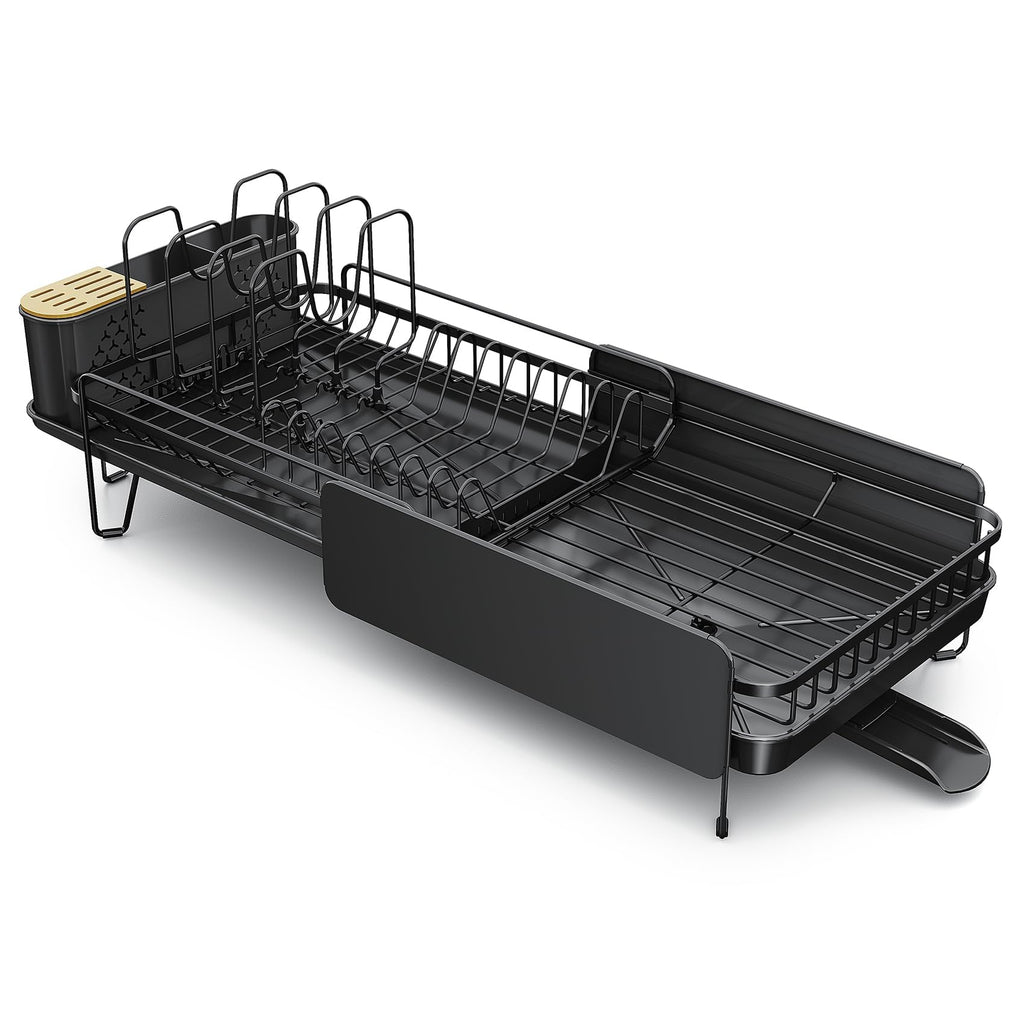 SNTD Large Dish Drying Rack - Expandable (19.3" to 29.4") Dish Rack for Kitchen Counter, Stainless Steel Dish Drainer with Utensil Holder, Pan Holder & Pot Lid Holder (Black)
