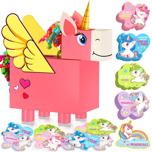 Gloween Valentines Day Boxes and Cards for Kids Classroom School Exchange, Great Valentines Gifts Party Favors for Boys Girls (1 Unicorn Box, 32 Valentine Cards, 1 Teacher Card)