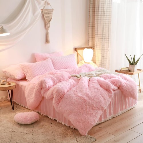 HAIHUA Pink Fluffy Comforter Set， Fluffy Plush Shaggy Duvet Cover 1 Pieces Set (1 Faux Fur Duvet Cover) Velvet Pink Bedding Twin Bed Set,Zipper Closure (Pink, Twin)