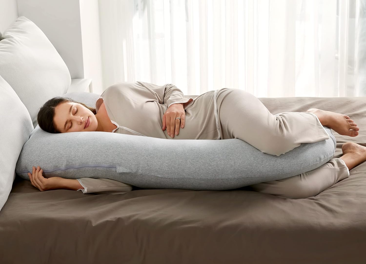 Momcozy U Shaped Pregnancy Pillow - 57 Inch Full Body Maternity Support with Removable Cotton Cover | Hatha Grey