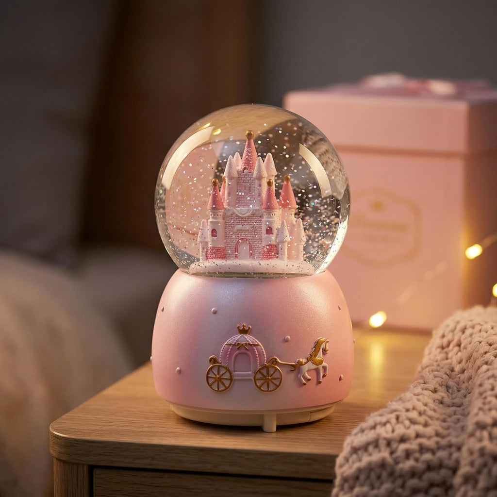 Skiennix Music Box - Crystal Carousel Rotating Unicorn Snow Globe with Colorful LED Light | Castle Pink