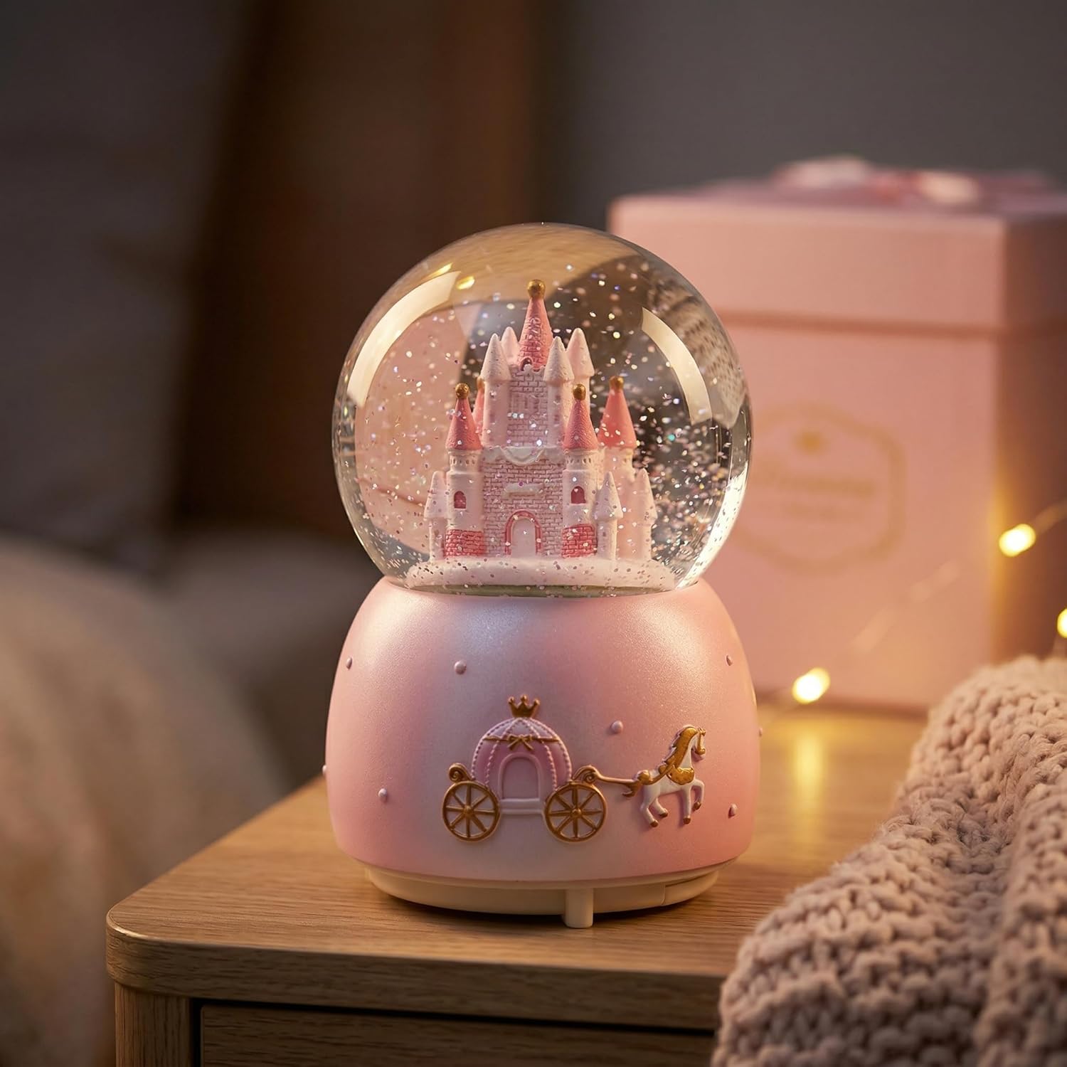 Skiennix Music Box - Crystal Carousel Rotating Unicorn Snow Globe with Colorful LED Light | Castle Pink