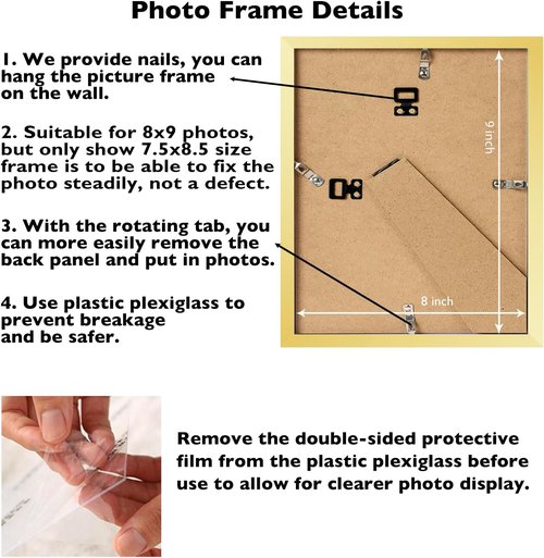 JCJMY 8x9 Gold Picture Frame - Versatile Wall Hanging or Tabletop Display with Shatter-Resistant Plexiglass