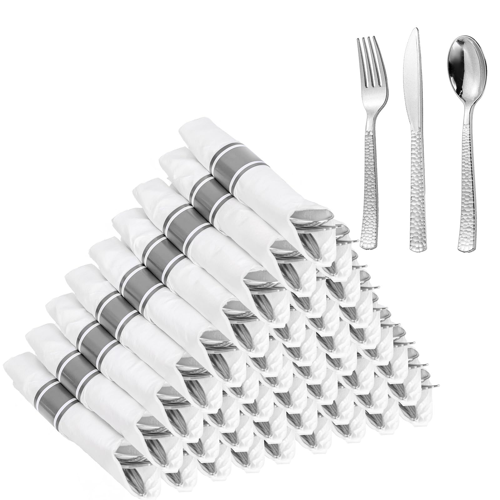 WELLIFE 75 Pack Silver Plastic Silverware,Pre Rolled Silverware Set Disposable,Disposable Cutlery Includes: 75 Forks, 75 Knives, 75 Spoons, 75 Napkins,Plastic Utensils for Party and Wedding