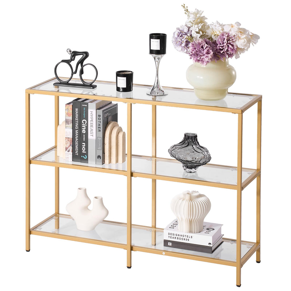VEVOR Glass Console Table, 39.4 Inch Entryway Table, Modern Rectangle Sofa Table with Tempered Glass Top and Iron Legs, Golden Consloe Desk for Living Room, Hallway, Entryway