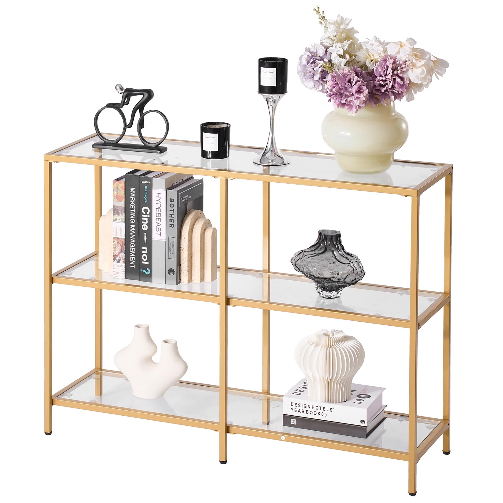 VEVOR Glass Console Table, 39.4 Inch Entryway Table, Modern Rectangle Sofa Table with Tempered Glass Top and Iron Legs, Golden Consloe Desk for Living Room, Hallway, Entryway