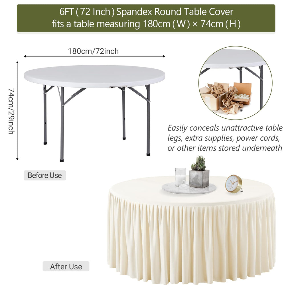 Wish Care 2 Packs 6FT Round Tablecloth 72Inch, Ivory Stretchy Fitted Table Cloths, Wrinkle Resistant Polyester Table Cover with Pleated Ruffle Skirt for Party, Wedding and Banquet Decoration