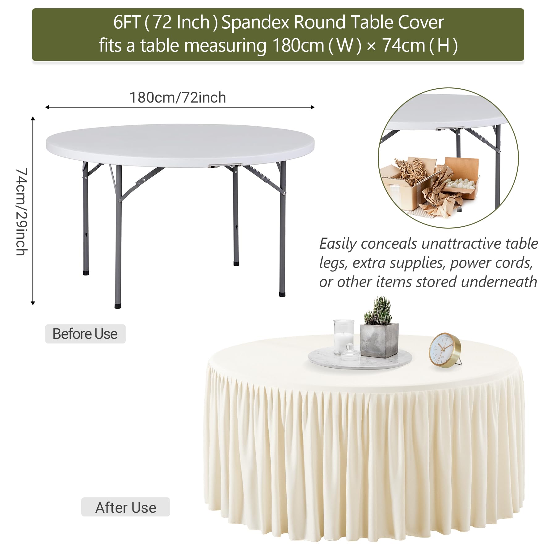 Wish Care 2 Packs 6FT Round Tablecloth 72Inch, Ivory Stretchy Fitted Table Cloths, Wrinkle Resistant Polyester Table Cover with Pleated Ruffle Skirt for Party, Wedding and Banquet Decoration