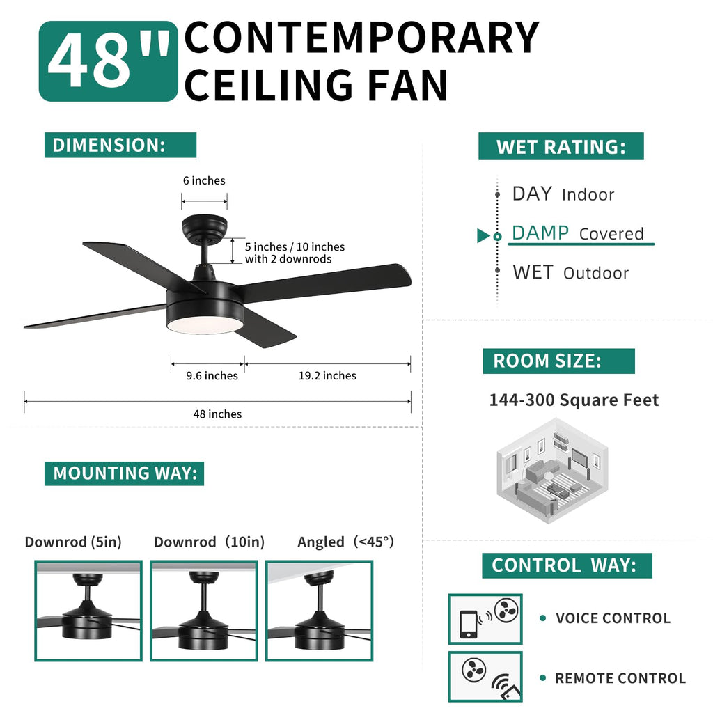 YITAHOME 48 Inch Black Ceiling Fan with Lights and Remote,4 Blades, App Control, Modern Smart Ceiling Fan Compatible with Alexa for Indoor, Reversible Quiet Motor, Memory Function