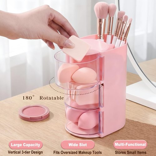 Hair Accessories Organizer with Hair Brush Holder,3-Layer Rotatable Makeup Organizer Box Jewelry Storage Box for Necklaces, Earring, Bracelet, Ring, Makeup Brushes, Hair Clip, Desktop Organizer Case