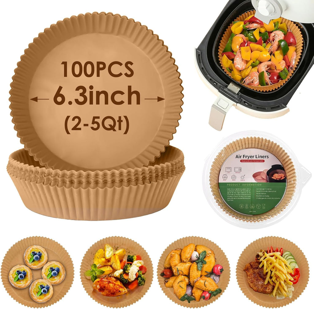 Skiennix Air Fryer Disposable Paper Liners - Non-Stick, Grease Proof Parchment for 6.3-Inch Baskets | 100 Pcs