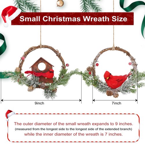 2pcs Small Christmas Wreath with Cardinal, 9-inch Mini Wreaths for Cabinets, Cabinet Wreaths for Kitchen Christmas, Wreaths for Windows (Cardinal)