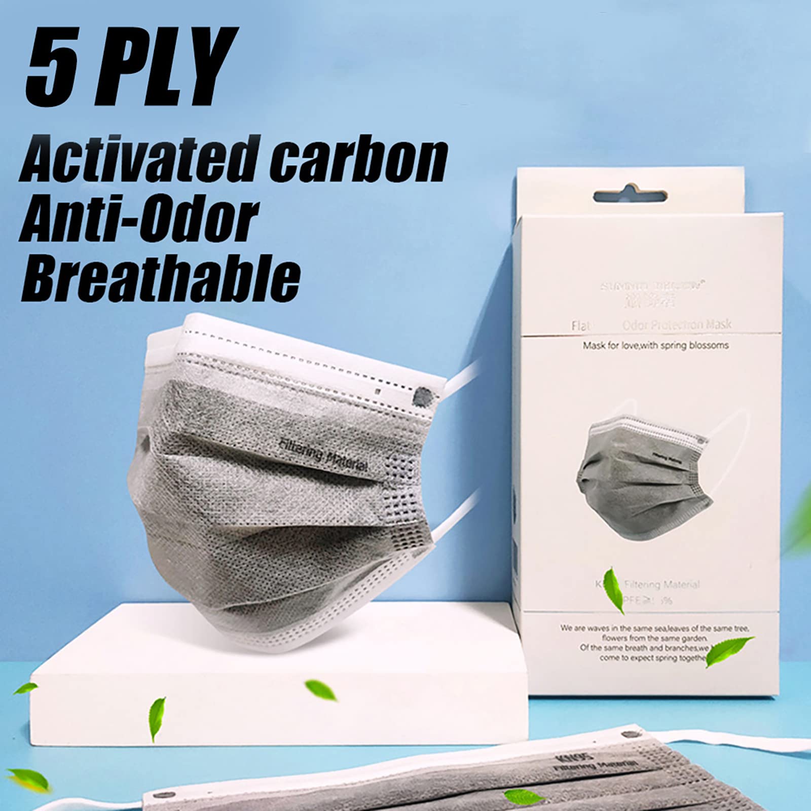 5-Ply Disposable Face_Mask Breathable Filter Activated Carbon Masks with Wide Comfortable earloop for Women Men Adults Daily Use, Grey (100 pcs)