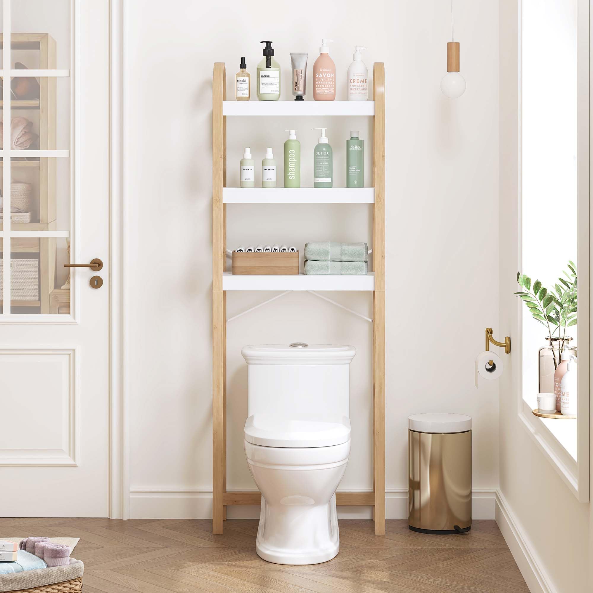 Spirich Over The Toilet Storage Shelf, 3-Tier Over Toilet Bathroom Organizer, Space-Saving Above Toilet Storage Shelf Rack with Bamboo Frame