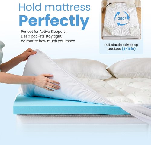 DUMOS Queen Mattress Topper - Dual Layer 4 Inch Memory Foam & Pillow Top for Back Pain Relief | 8-16 Inch Deep Pocket