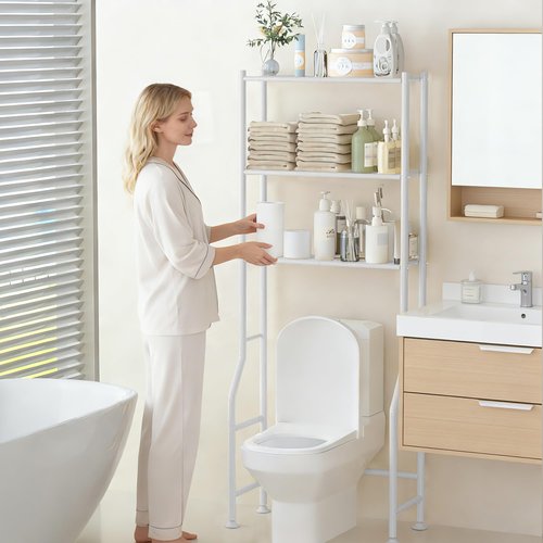 GloTika 3-Tier Over Toilet Storage Rack, Metal Over Toilet Bathroom Organizer Shelf, Freestanding Space Saver Storage Shelves for Bathroom/Laundry/Living Room (White)