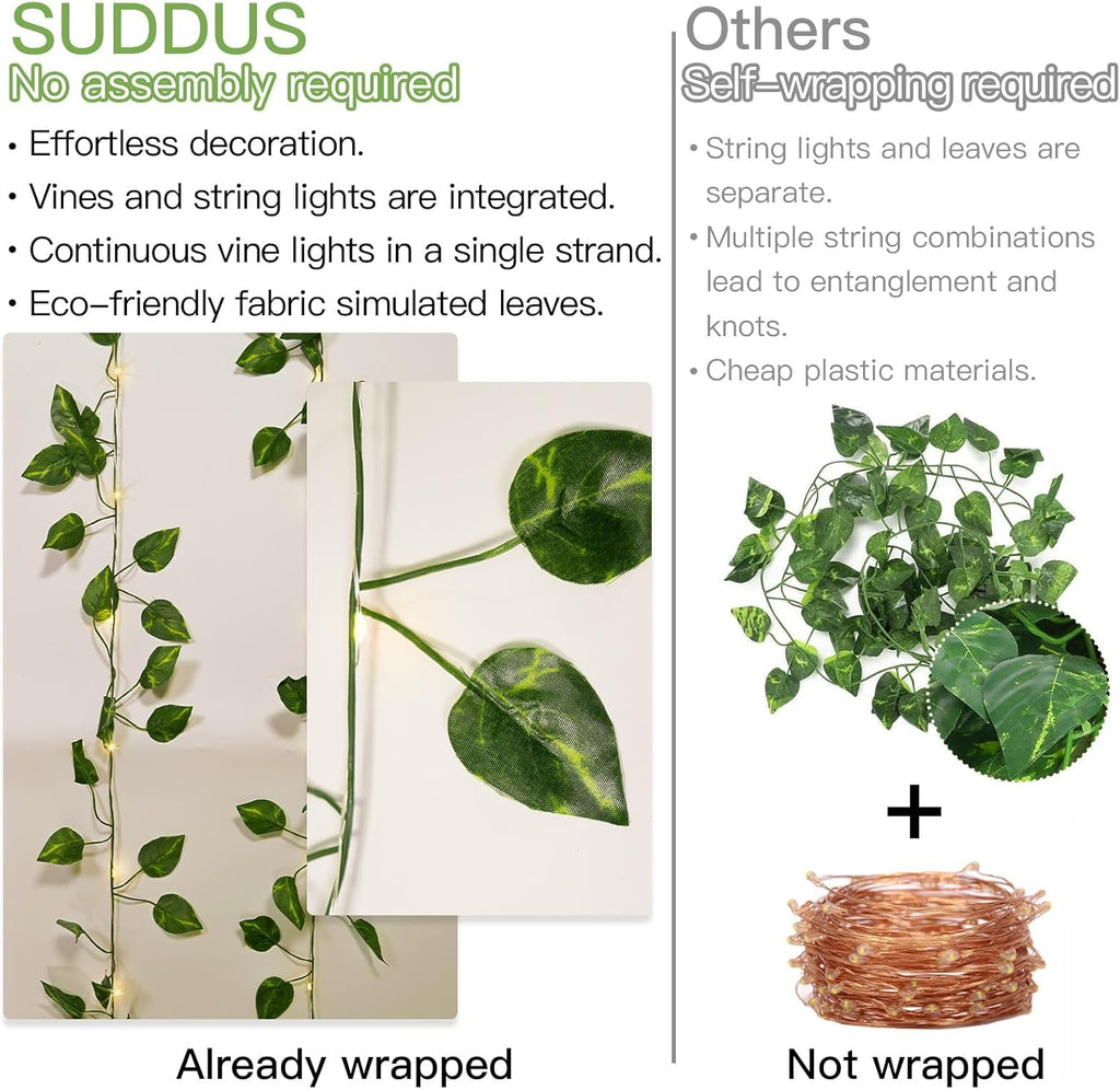 Suddus Artificial Pothos Vines with Battery-Operated Fairy Lights - Perfect for Bedroom, Garden, and Events