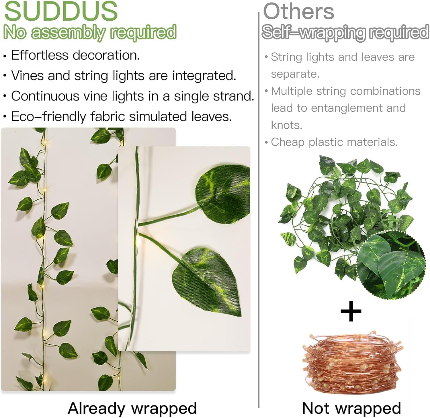 Suddus Artificial Pothos Vines with Battery-Operated Fairy Lights - Perfect for Bedroom, Garden, and Events