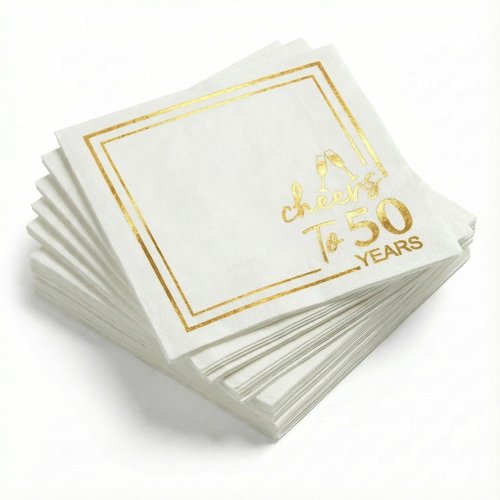 Horaldaily 50 Pack Cheers to 50 Years Cocktail Napkins, 5x5 Inches White and Gold Foil Birthday Decorations Paper Napkins for Party Anniversary Lunch Dinner