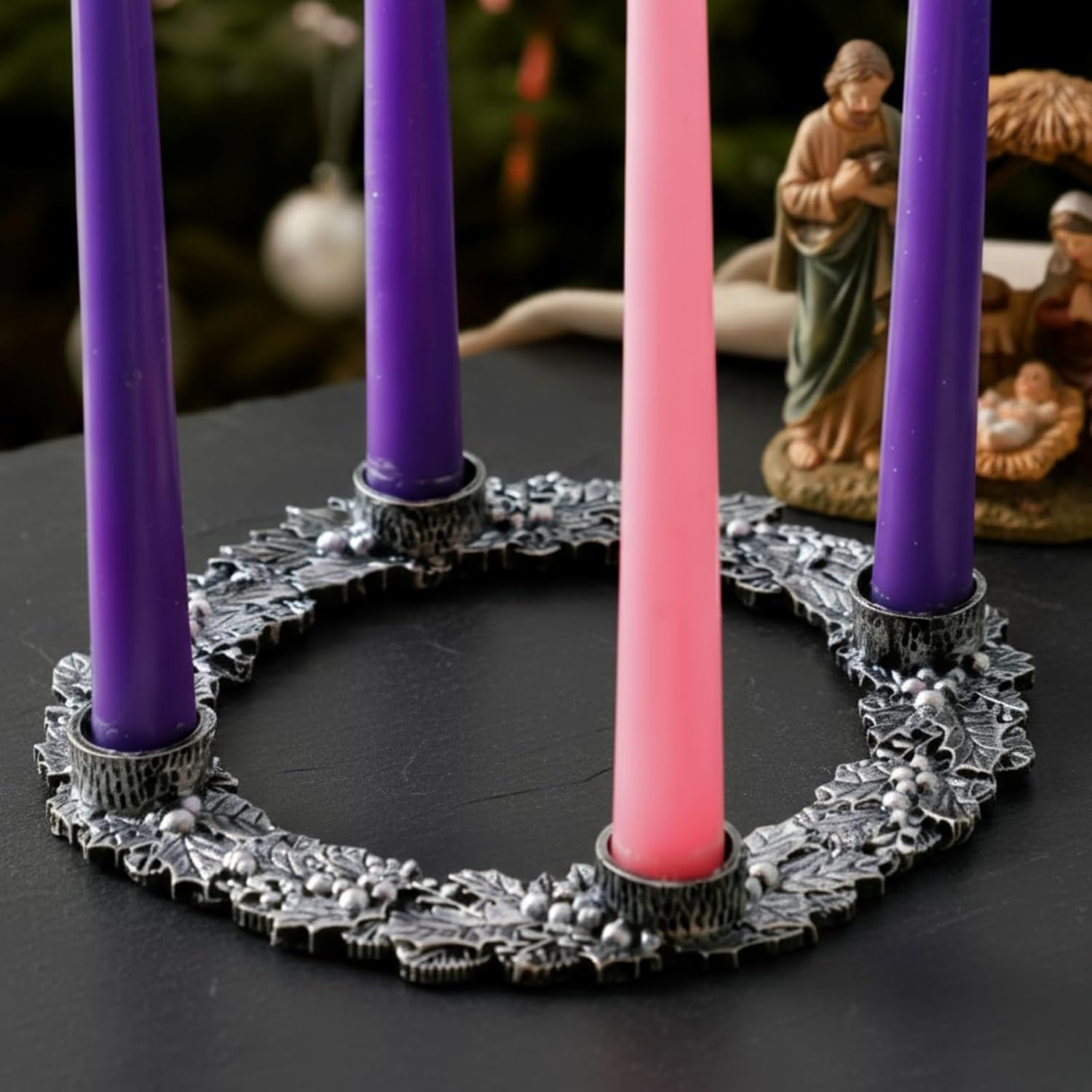 Shellwei Advent Wreath Candle Holder - 8 Inch Metal Design with Holly Berry Leaves for Christmas Decor