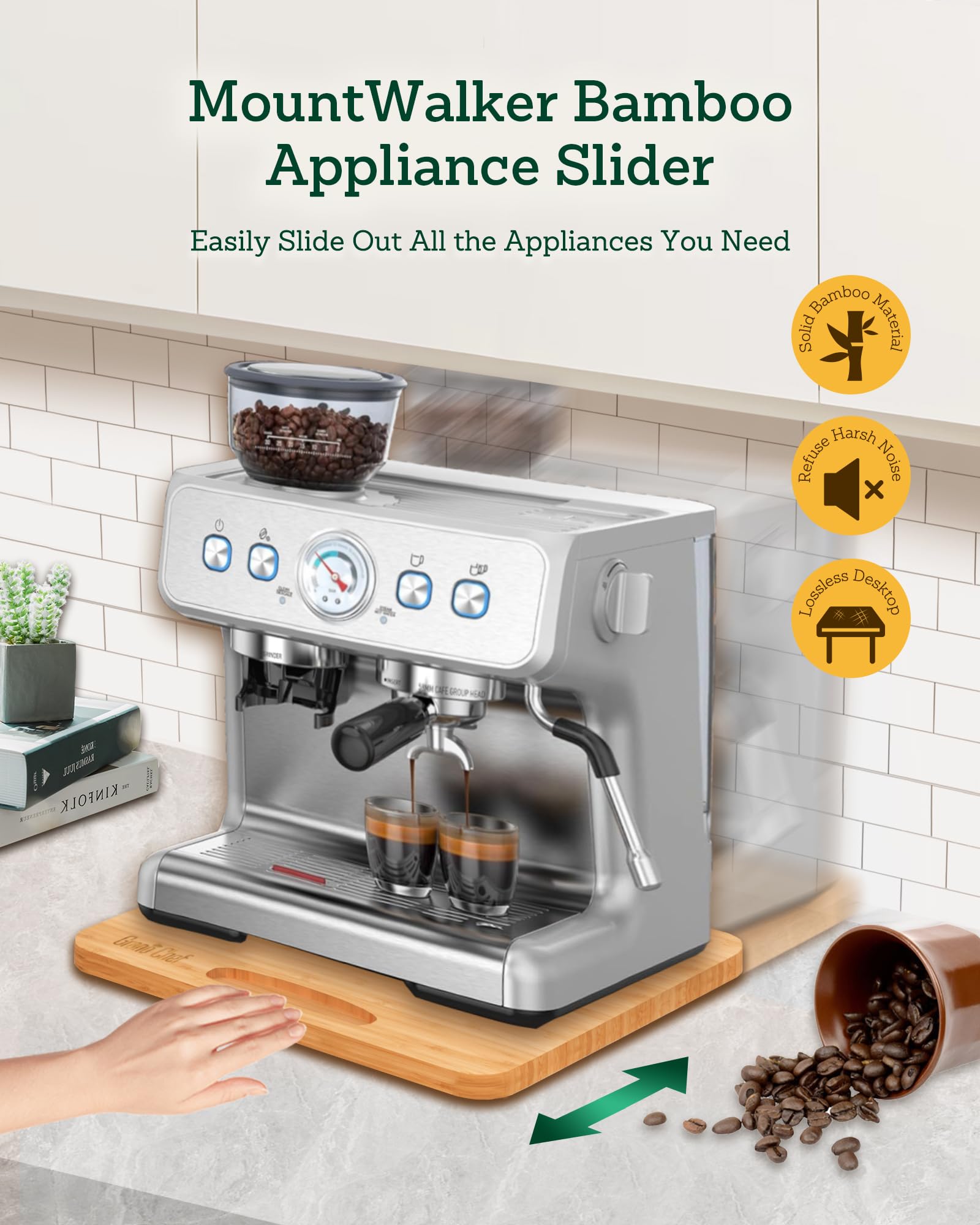 Bamboo Appliance Slider, Sliding Tray for Coffee Maker, Kitchen Countertop Appliance Rolling Tray, Coffee Pot Slider Tray with Rubber Wheels, Biggest (20"D x 16"W)
