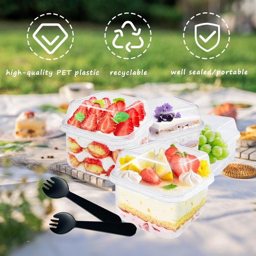 100Pcs 8oz Plastic Dessert Cups with Lids and Spoons,Disposable Parfait Cup Square Cake Containers for Party Favor,Mousse,Yogurt,Pudding,Snacks,Fruits,50 Sets