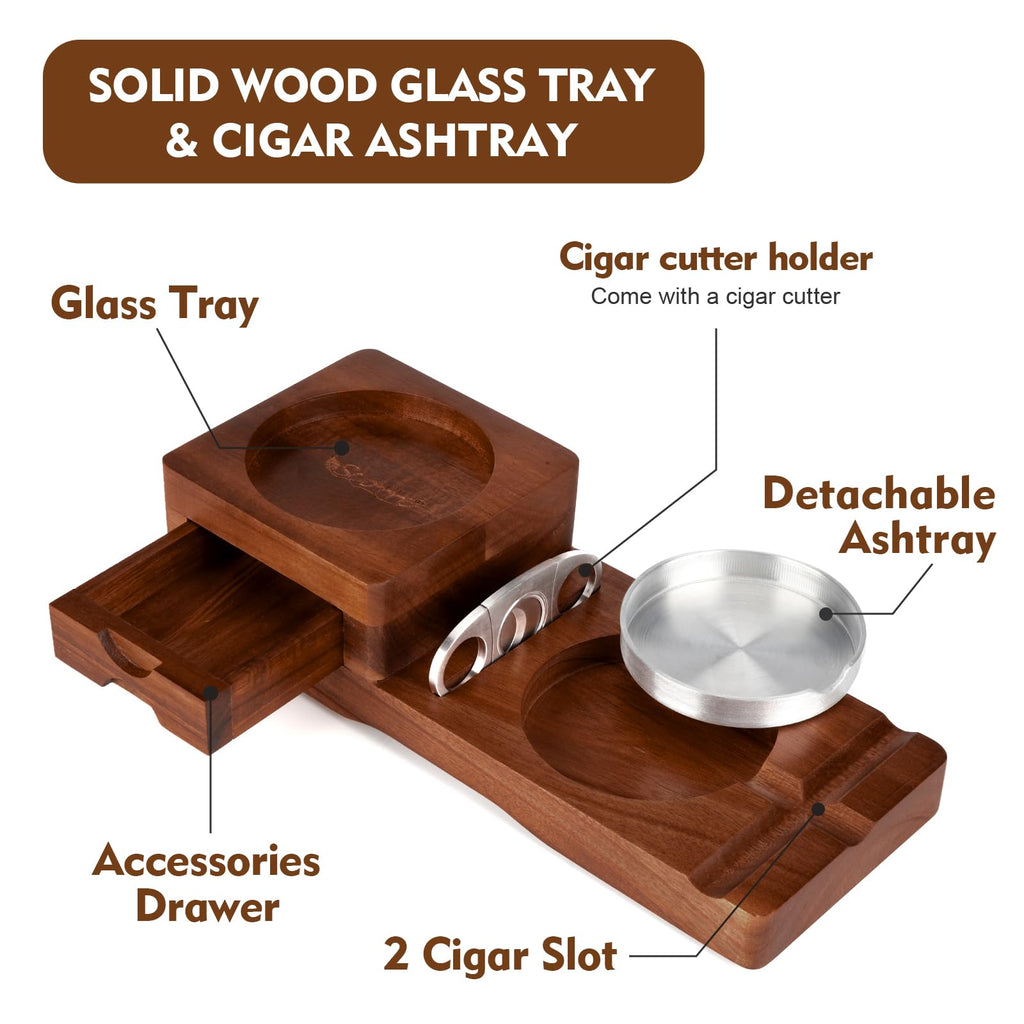Scotte Ashtray Coaster Whiskey Glass Tray & Wooden Ash Tray with Cigar Cutter, Includes Drawer and Cigar Slot - Great for Home, Office or Outdoor Use (Deep Brown)