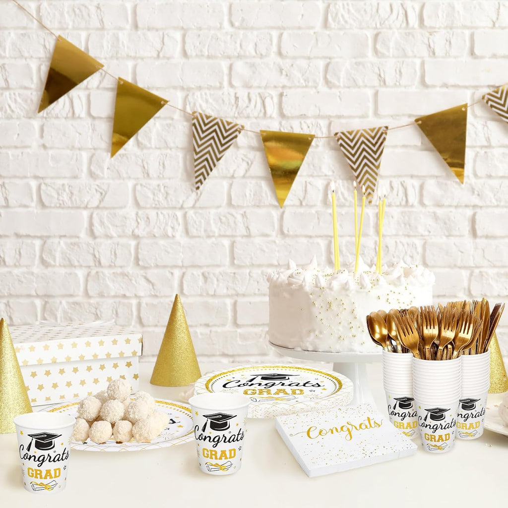 Whaline Graduation Party Supplies Set - 175 Pcs Disposable Tableware for 25 Guests | Gold Congrats Grad Plates, Napkins & Cutlery