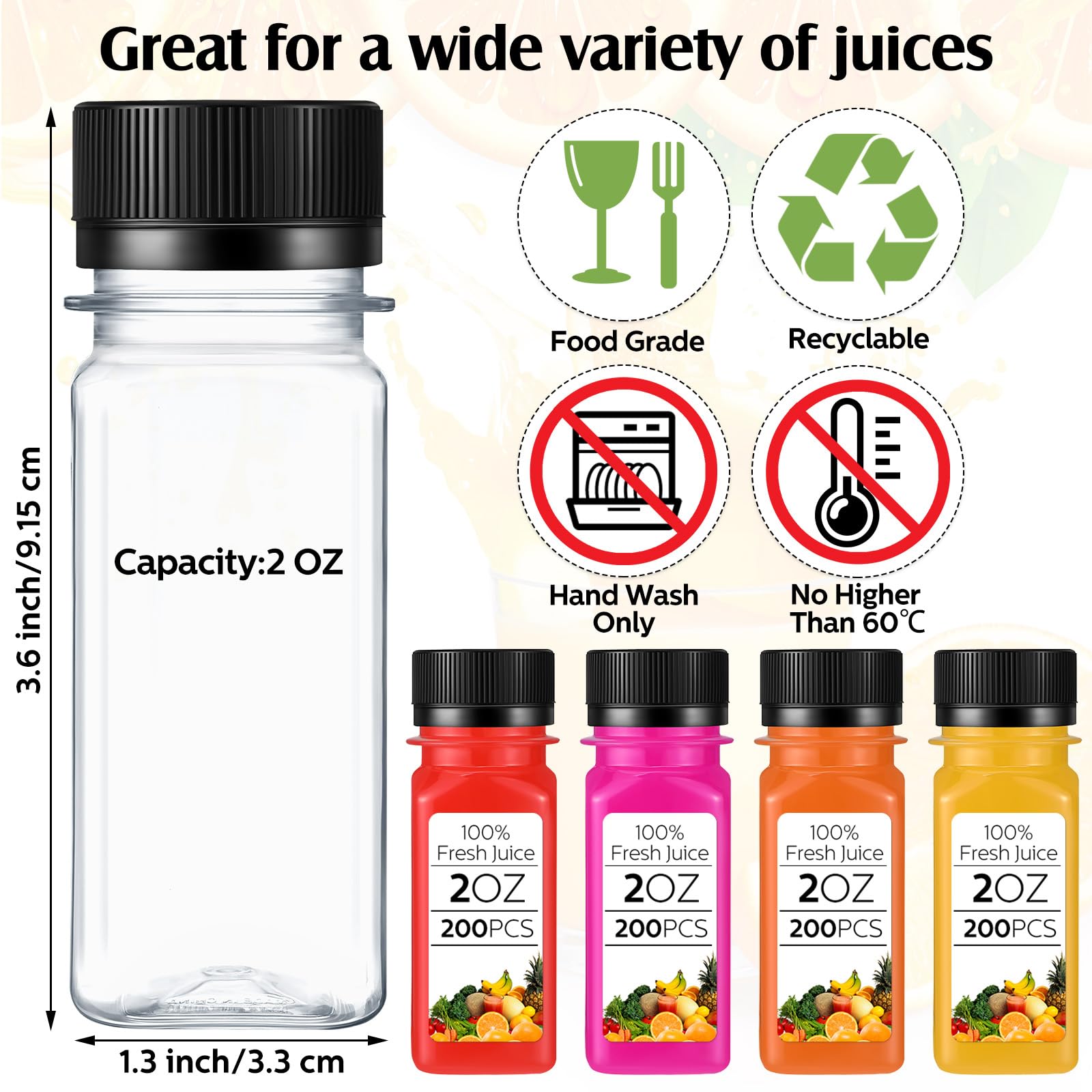 Sliner 200 Pcs 2oz Small Plastic Juice Bottles Ginger Juice Bottle with Lids Liquid Vial Reusable Clear Beverage Container with Lid, Freezer Safe, Leak Proof for Milk, Water(Black Lid)