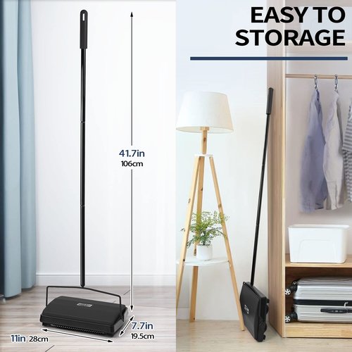 JEHONN Carpet Floor Sweeper Manual with Horsehair, Non Electric Quite Rug Roller Brush Push for Cleaning Pet Hair, Loose Debris, Lint (Black)