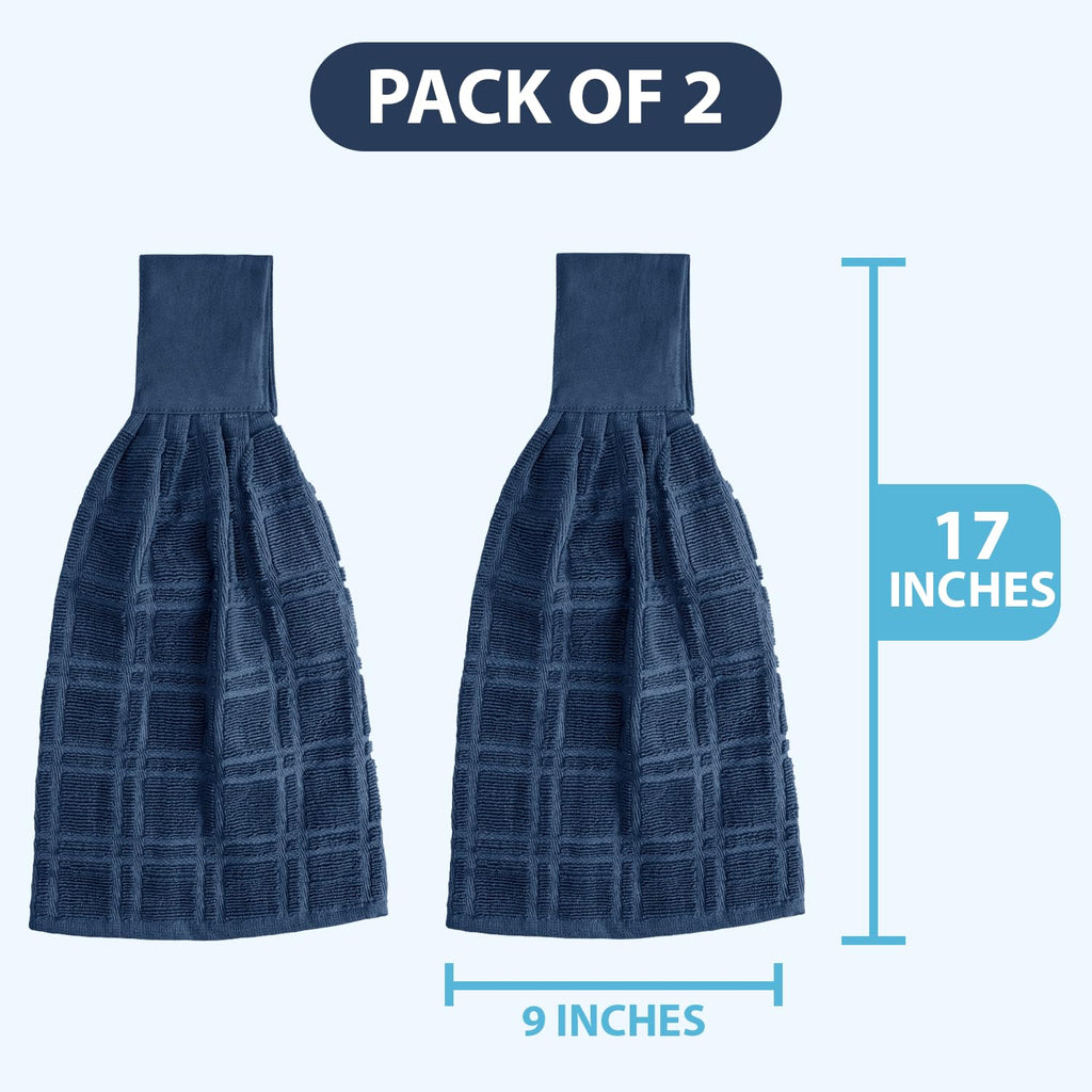 Blue Needles Hanging Kitchen Towels - Blue 100% Cotton Solid Kitchen Tie Towel, Set of 2 Hand Dish Cloth with Hanging Loops 9 x 17 Inches, Absorbent, Super Soft, and Fast Drying Home Essential