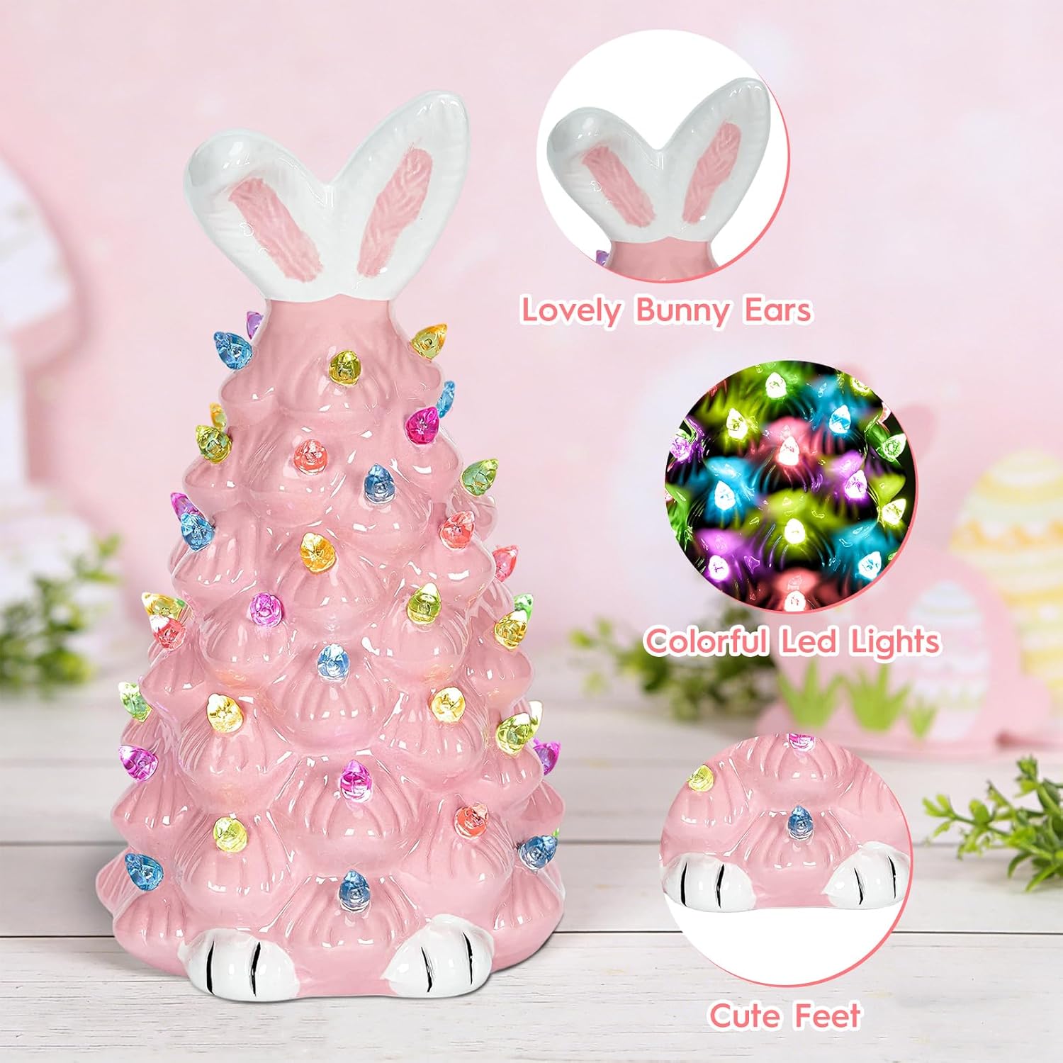 Skiennix Cute Ceramic Easter Bunny Tree Decor - Light Up Spring Tabletop Decoration for Kids (Pink)