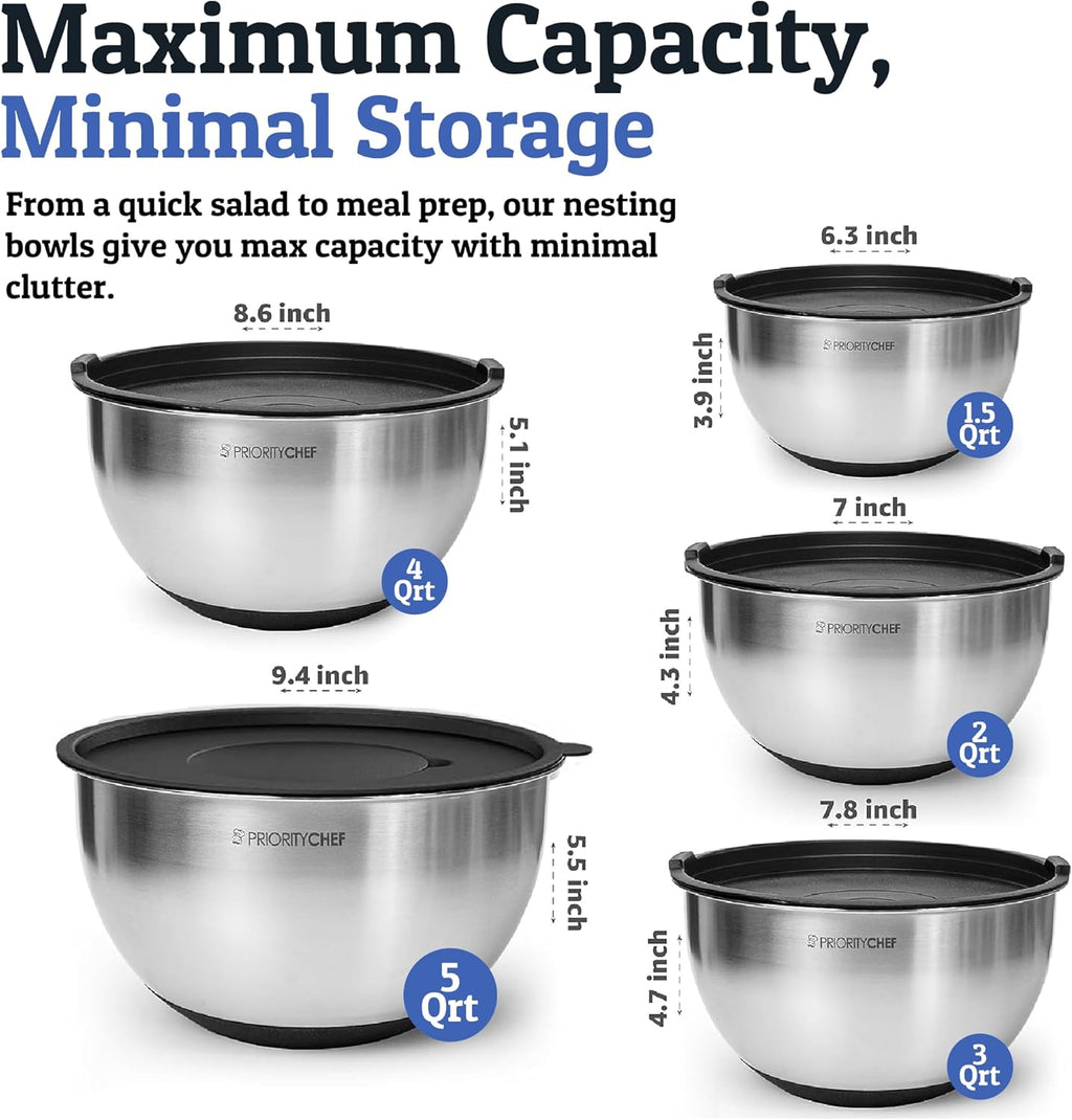 Priority Chef Stainless Steel Mixing Bowls Set - Airtight Lids, Non-Slip Base & Utensil Set | Black
