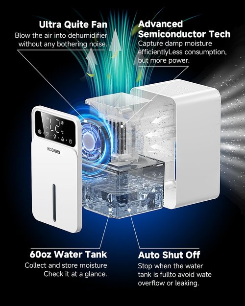Dehumidifier - 60 OZ Capacity with Auto Shut-Off | Portable & Quiet for Medium Rooms Up to 500 Sq.Ft (White)