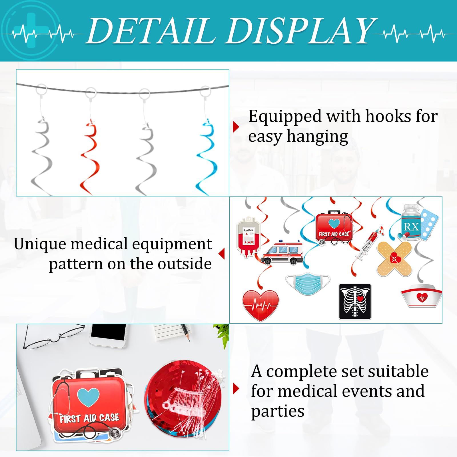 44 Pcs Medical Hanging Swirls Decorations, 20 Hospital-Themed Ceiling Foil Swirl Ornaments with Ambulance, RX, Syringe, Nurse Cap, First Aid Icons and 4 Double Swirls for Doctor Nurse Graduation Decor