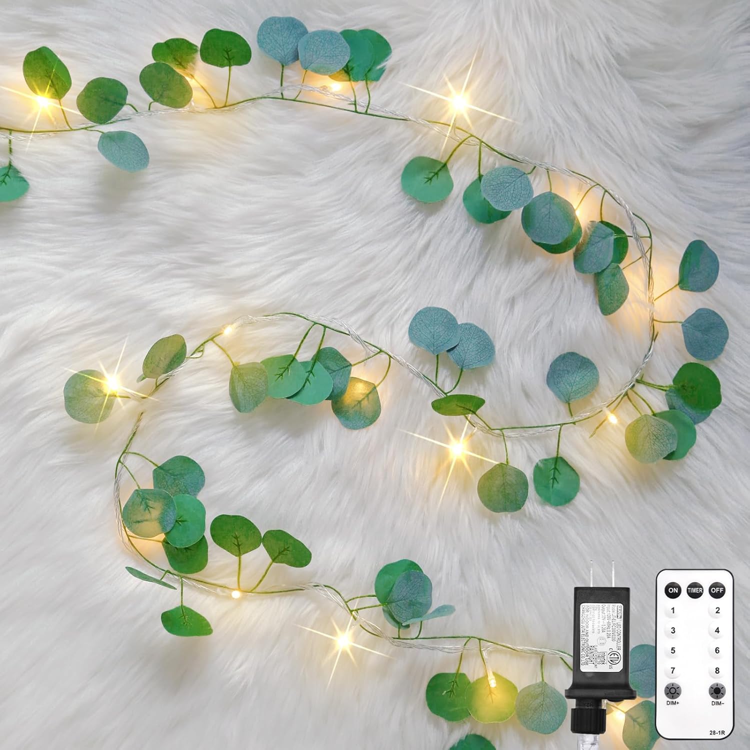 Suddus Eucalyptus Garland String Lights - 33ft 100 LED Plug-In with Remote | Warm White Leaf Lights for Bedroom, Party, Wedding Decor