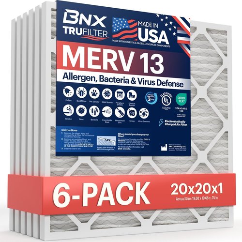 BNX TruFilter 20x20x1 MERV 13 Air Filters (6-Pack) - Electrostatic Pleated for Allergies & Smoke