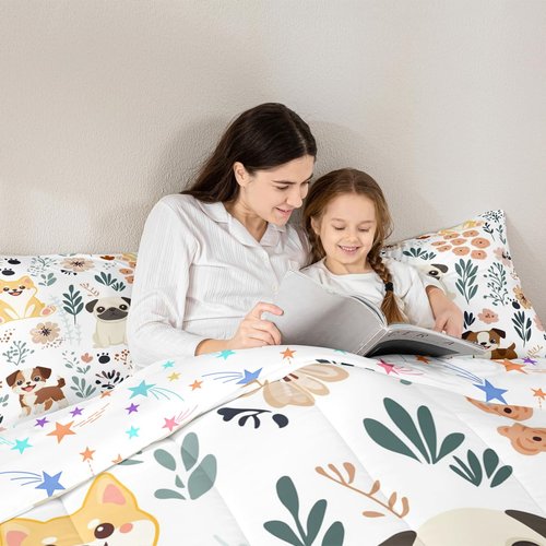 Feelyou Cute Puppy Dog Bedding Set - Kids Toddler Dog & Flowers Comforter Set - Botanical Plant Duvet & Quilt Set