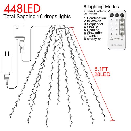 Christmas Tree Lights, 448 LED Waterfall Tree Topper Lights with 8 Lighting Modes, 8.2ft×16 Lines Plug in Twinkle Lights with Remote Control for Indoor Outdoor Christmas Tree Decoration
