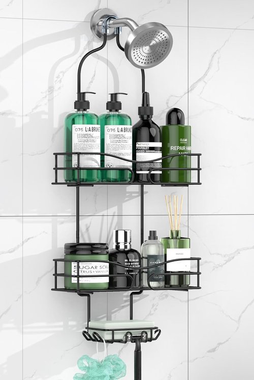 DAOYA Shower Caddy Organizer - 3-Tier Hanging Design with Soap Holder & 6 Hooks, Black